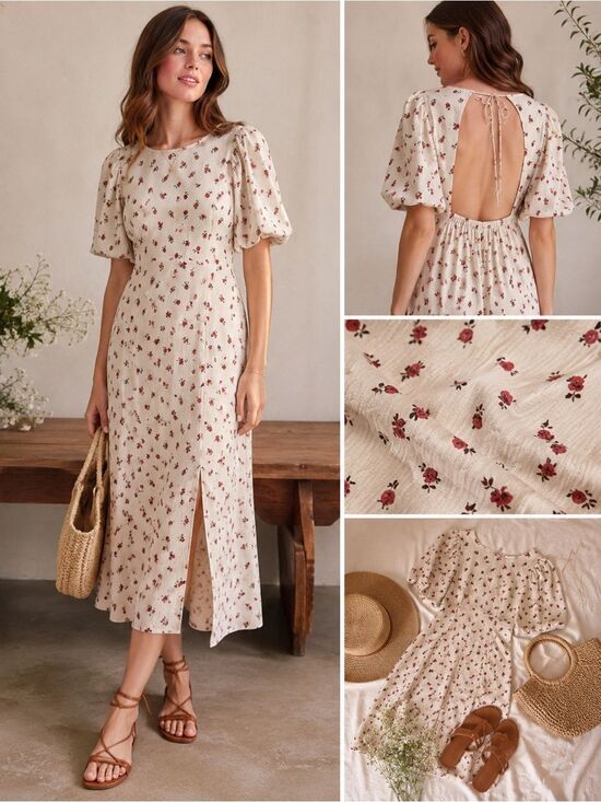 ICHI Dresses & Skirts - ICHI New Cream Floral Midi Dress with Puff Sleeves, Cottagecore